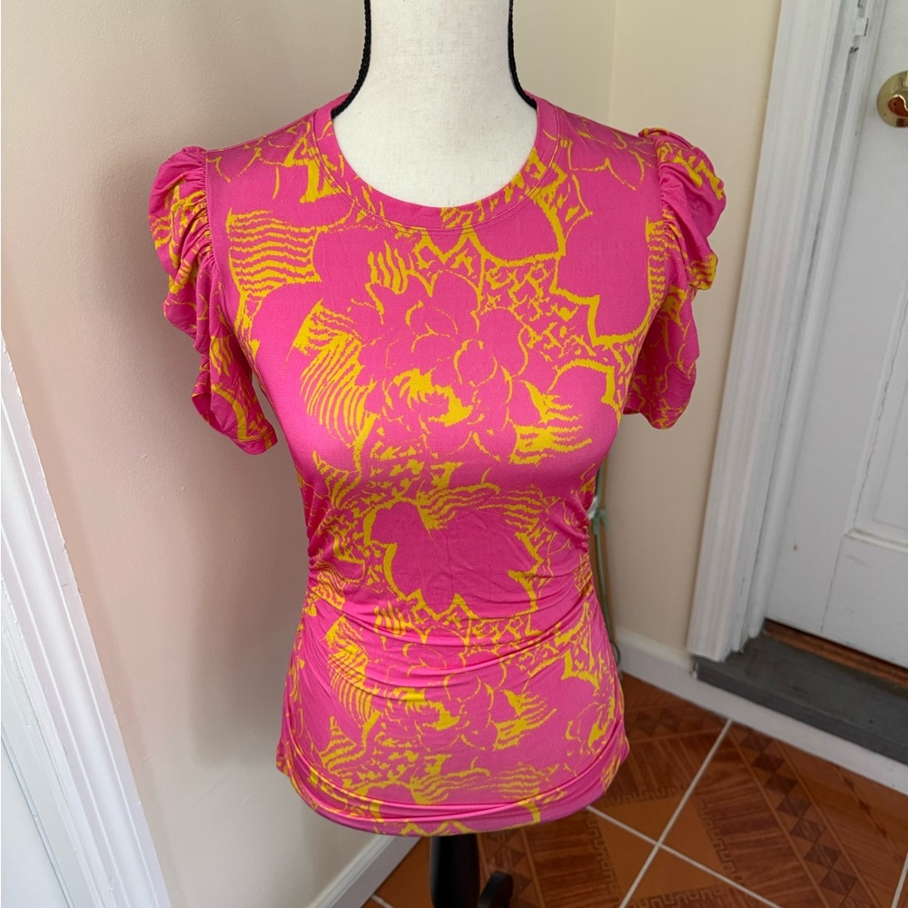 Tanya Taylor Pink Fitted Ruffled Blouse